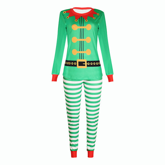 Three matching green elf-themed pajama sets for Dad, Mom, and Kid, featuring striped pants and long-sleeved tops. - Image 8