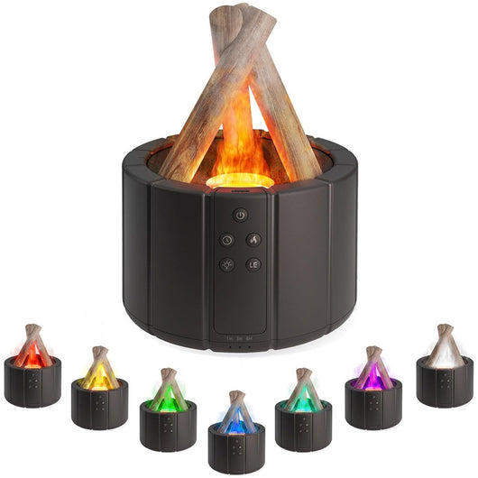 Dark gray simulated flame aromatherapy machine with a remote control, emitting a warm, flame-like light and mist. - Image 14
