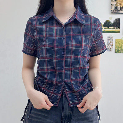 Camisa Cuadrille Retro con Pliegues Elegantes y Manga Corta - Image 3