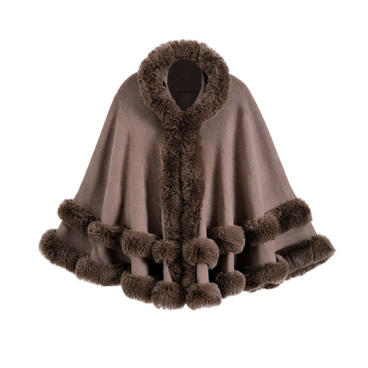 Poncho Abrigo Tejido Oversized con Capucha y Cuello de Pelaje Artificial - Image 8