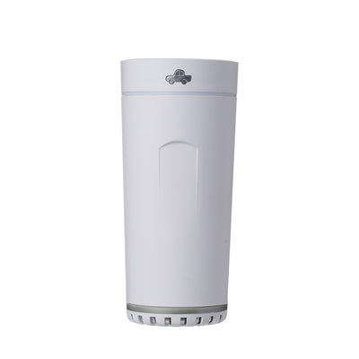 Gray cylindrical USB aromatherapy humidifier with a silver band and car icon on top, designed for car use. - Image 11