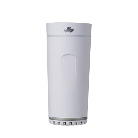 Gray cylindrical USB aromatherapy humidifier with a silver band and car icon on top, designed for car use. - Image 11