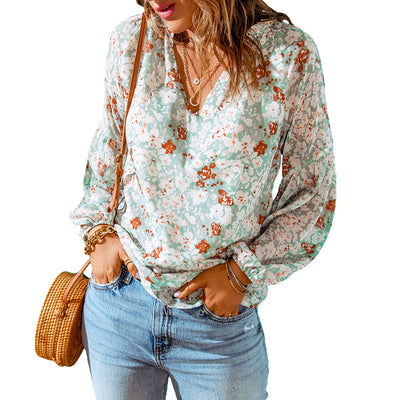Blusa Floral de Gasa Suelta con Cuello en V - Image 5