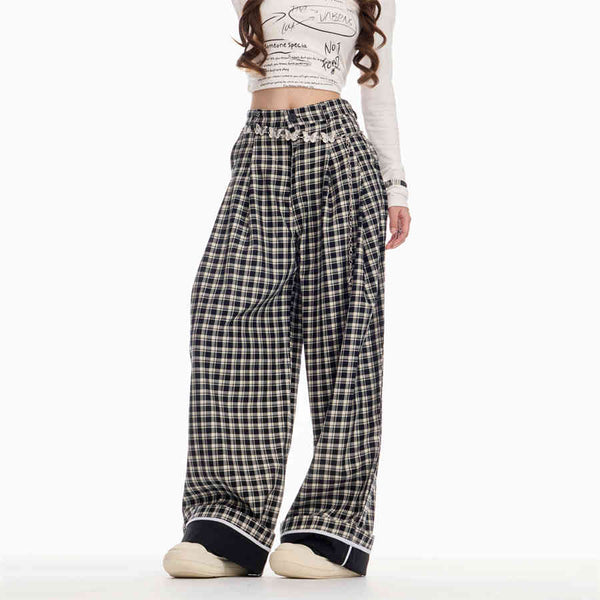 Pantalón Cuadros Mujer Cintura Alta Recto Holgado