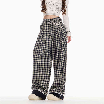 Pantalón Cuadros Mujer Cintura Alta Recto Holgado