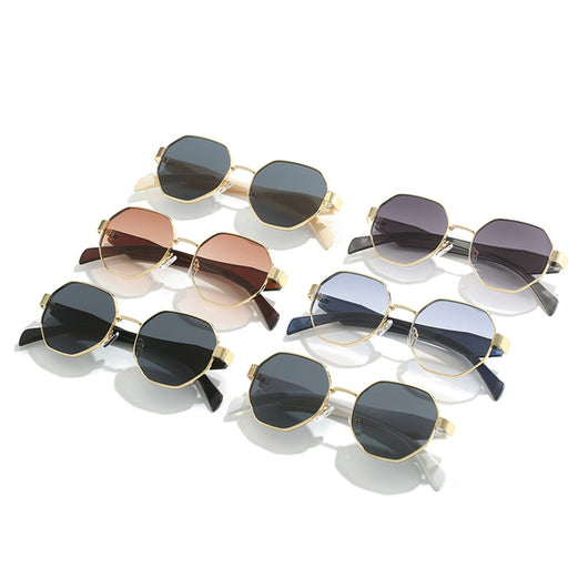 Polygonal sunglasses with a gold metal frame, beige temples, and dark black-gray lenses on a white background. - Image 3