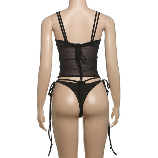 Women's fashionable three-piece bikini set with an abstract orange, brown, and blue print. Features a triangle top, mesh mini skirt, and lace-up details with be - Image 24