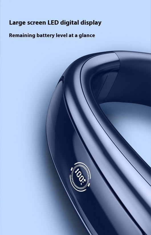 Light blue U-shaped neck fan with a digital display showing 100% charge and multiple air vents. - Image 17
