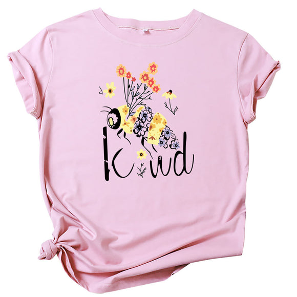 Camiseta Estampada de Abelhas e Flores Gola Redonda Manga Curta