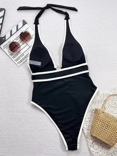 Traje de Baño Enterizo con Tirantes - Diseño Cruzado Negro y Blanco - Image 4