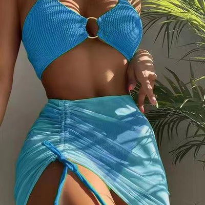 Traje de Baño Mujer Tres Piezas Color Sólido Cuello Halter - Image 5