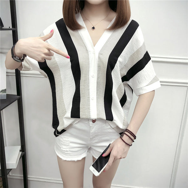 Blusa Mujer Escote V Rayas Manga Corta - Image 5