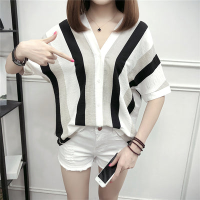 Blusa Mujer Escote V Rayas Manga Corta - Image 5