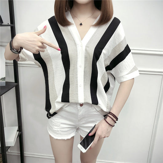 Blusa Mujer Escote V Rayas Manga Corta - Image 5