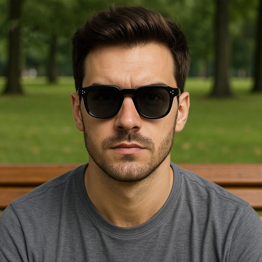 Black square frame sunglasses with dark lenses and small silver accents on the front, shown at an angle. - Image 2