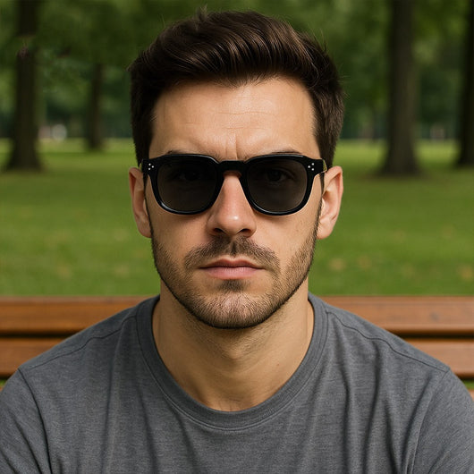 Black square frame sunglasses with dark lenses and small silver accents on the front, shown at an angle. - Image 2