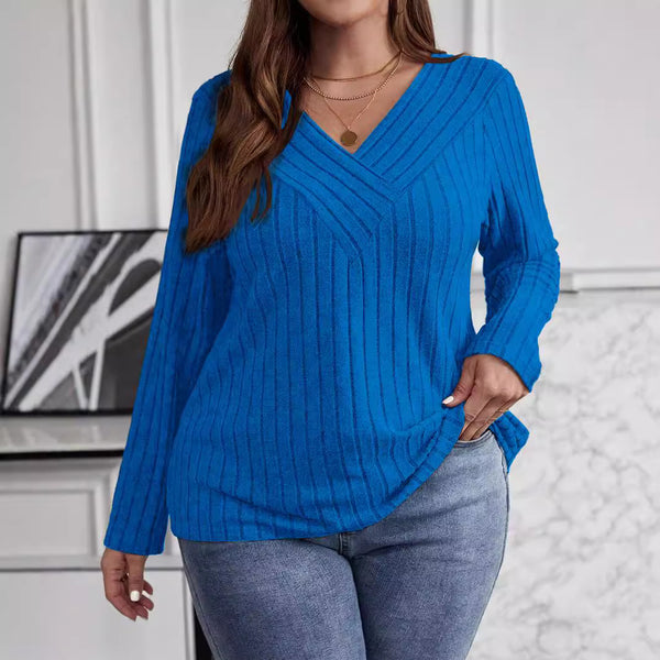 Suéter Tipo Polera Plus Size Cuello V Cruzado Manga Larga Textura Acanalada