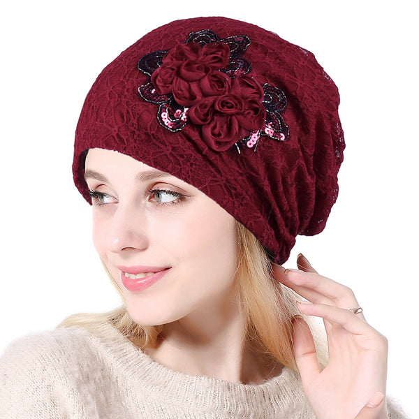 Gorro Tejido Floral Calado Ligero