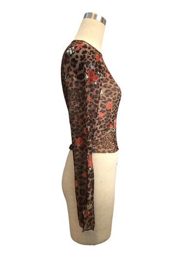 Blusa Estampado Leopardo y Flores Malla Cuello Redondo Manga Larga - Image 8