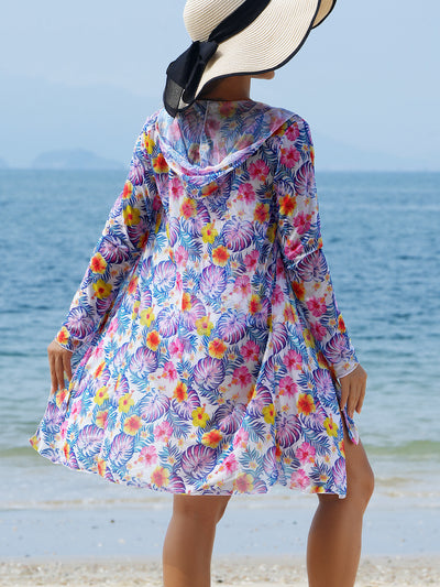 Woman in a red multicolor floral print three-piece swimsuit with high-waisted bikini and long-sleeve cover-up, straw hat, and sunglasses on a beach. - Image 28