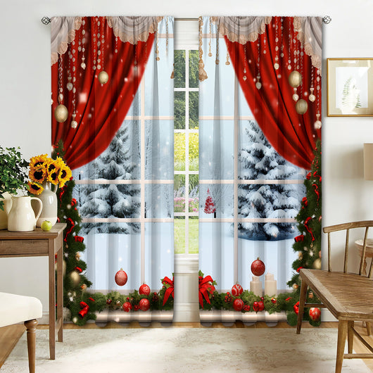 Christmas curtain with a snowy village scene, Santa Claus, flying reindeer, and piles of wrapped gifts. - Image 16