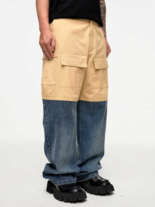 Pantalón Denim Holgado de Contraste con Costuras Multi-Bolsillo Estilo Retro - Image 3
