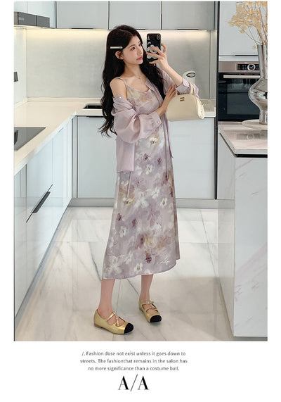 Conjunto Dos Piezas: Vestido Slip Estampado Morado con Cardigan Suave - Image 21