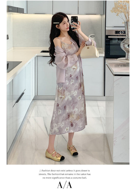Conjunto Dos Piezas: Vestido Slip Estampado Morado con Cardigan Suave - Image 21