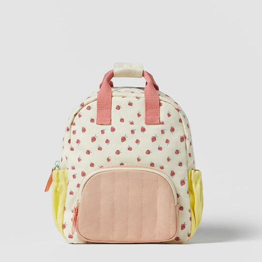 Mochila Escolar Infantil de Lona Algodón con Estampado Fresa Multicolor