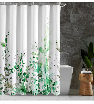 White shower curtain with a vibrant green botanical leaf print, hanging in a bright, modern bathroom. - Image 9