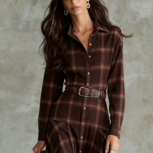 Vestido Camisa Cuadros Retro Chic Manga Larga para Mujer - Image 4