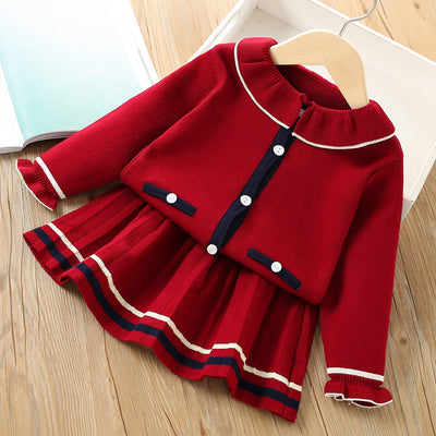 Conjunto Infantil Coreano Cardigan Tejido Liso Dos Piezas con Falda - Image 3