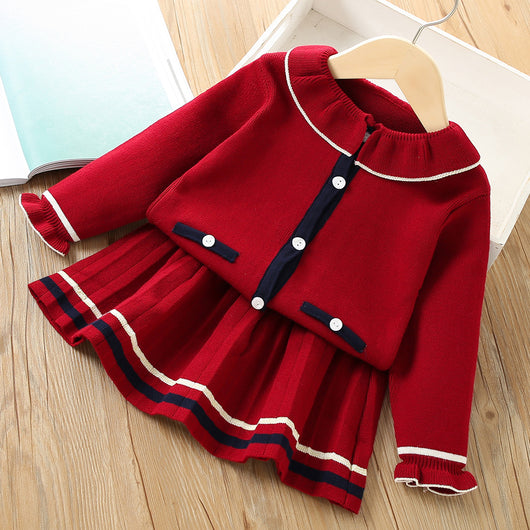 Conjunto Infantil Coreano Cardigan Tejido Liso Dos Piezas con Falda - Image 3