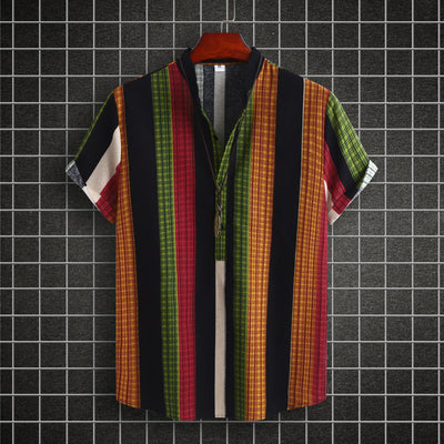 Camisa Étnica de Cuello Mao Rayas Algodón-Lino Manga Corta - Image 8