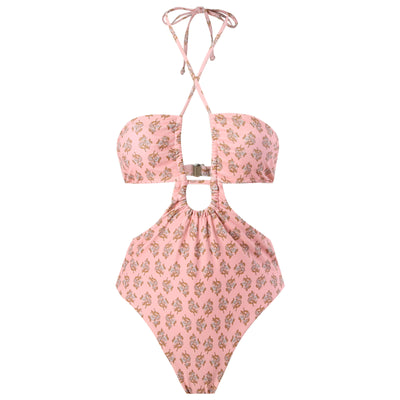 Dark green floral one-piece swimsuit with halter neck, bandeau top, cut-outs, and matching sheer sarong. - Image 20