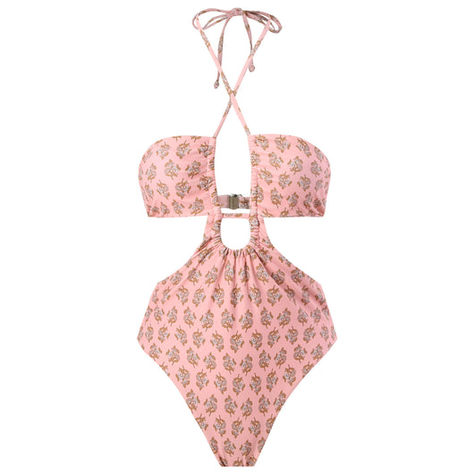 Dark green floral one-piece swimsuit with halter neck, bandeau top, cut-outs, and matching sheer sarong. - Image 20