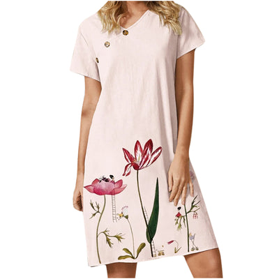 Vestido de Manga Corta con Botones, Cuello en V y Estampado Floral - Image 5
