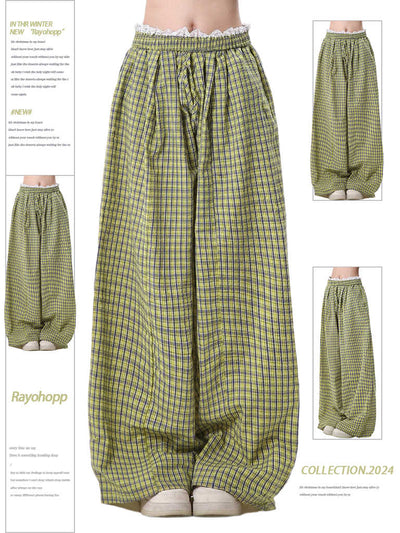 Pantalones Mujer Cuadros con Costuras de Encaje Cintura Alta Pierna Ancha - Image 3