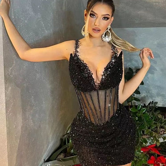 Vestido Corto Negro con Lentejuelas y Tirantes Transparentes - Image 8
