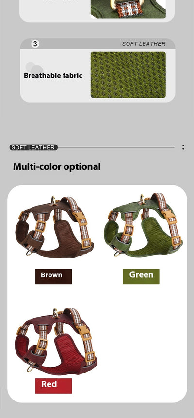 Brown leather pet harness with reflective stripes, adjustable tan buckles, and a gold D-ring on a white background. - Image 13
