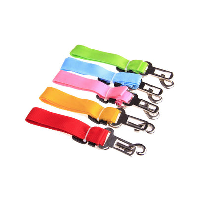 Red adjustable car safety belt for dogs with a metal seatbelt buckle and a silver swivel snap hook. - Image 22