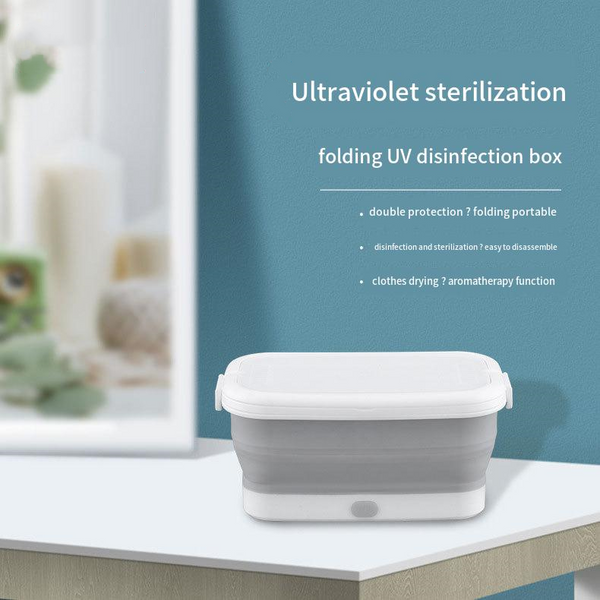 White and grey aromatherapy drying UV sterilization box, disassembled to show collapsible basin, vented lid, and drying rack.