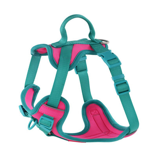 Pink and blue dog harness with padded chest and back, adjustable straps, and a top handle for walking. - Image 7