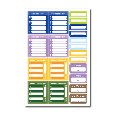Colorful planner sticker sheet with labels for Scripture Study, Weekly Spending, and Work, featuring various shapes. - Image 10