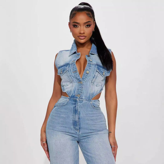 Jumpsuit Denim Elástico Slim Fit Cintura Alta Mujer - Image 2