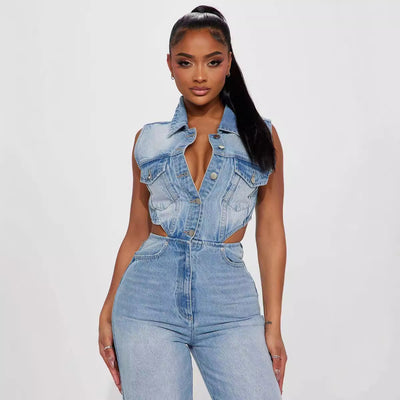 Jumpsuit Denim Elástico Slim Fit Cintura Alta Mujer - Image 2