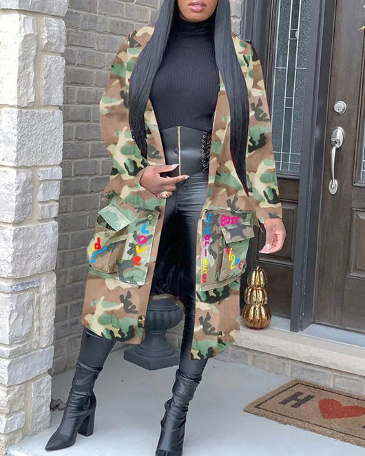 Abrigo Casual con Estampado Camuflaje y Parches - Estilo Europeo y Americano para Mujer - Image 7