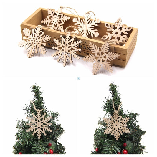Caja de 12 Adornos Navideños de Madera con Diseños de Copos de Nieve