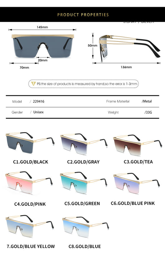 Gold frame square sunglasses with a one-piece gradient blue lens and black temple tips. - Image 13