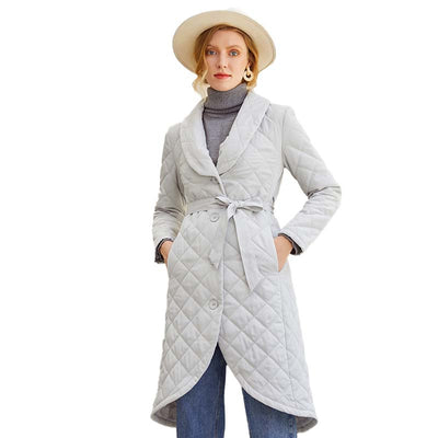Abrigo de Algodón Cálido Gris Plata Cintura Ajustada Largo Medio Mujer - Image 5